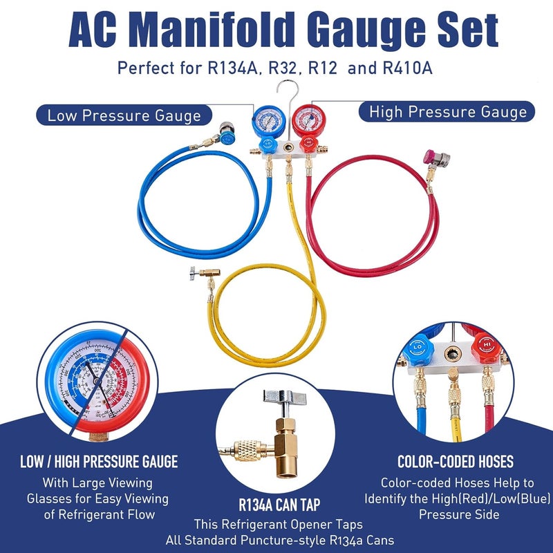 BACOENG AC Gauge Set for R32 R134a R410a R12, Automotive A/C Refrigerant Recharge Kit HVAC Manifold Gauge Set with 5FT Hoses, Quick Couplers, Puncture and Self Sealing Can Tap - Image 4